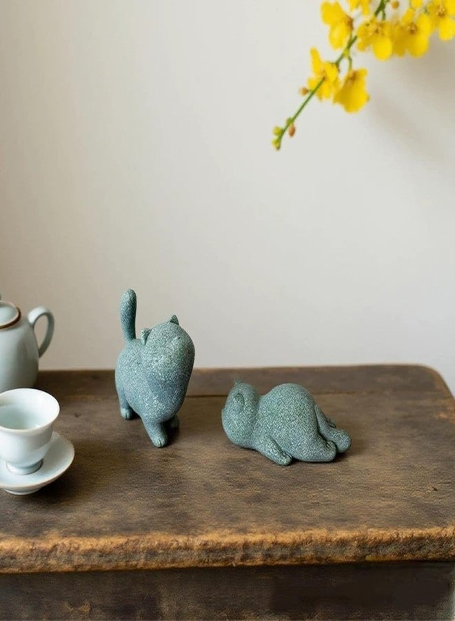 livelyfish Cute Cat Figurine Lucky Cat Statue Sandstone Animal Sculpture Tea Pet Tabletop Ornaments Micro Landscape Fairy Garden Aquarium Decor (A) - Image 4